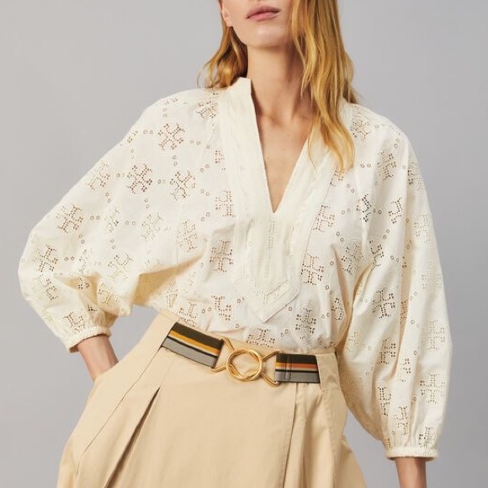 ❤️TORY BURCH Monogram logo Lace Balloon Sleeve long blouse ivory In Season $398